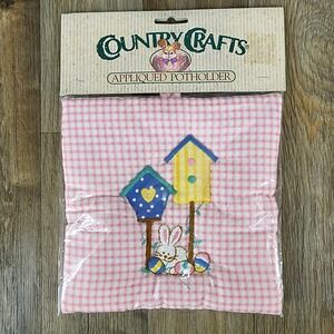 Country Crafts VTG Easter Potholder‎ Pink Gingham Bunny Birdhouse Applique New